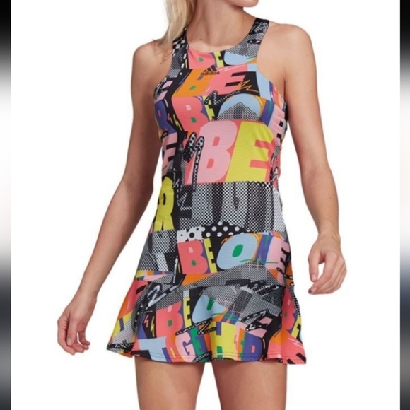 Adidas Tennis Prep 80s Graphic Print Racerback Built In Bra Athleisure Dress - Picture 3 of 11